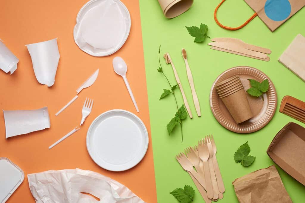 eco friendly disposable tableware on green and ora 2026 03 24 14 20 05 utc