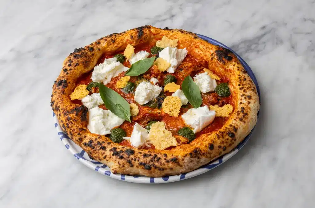 Pizza B&uacute;fala Fest de Baldoria con mozzarella de b&uacute;fala, pesto de albahaca y crujiente de Parmigiano Reggiano