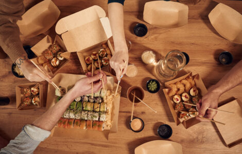 top view of table with sushi on it in paper eco bo 2025 03 18 20 59 34 utc