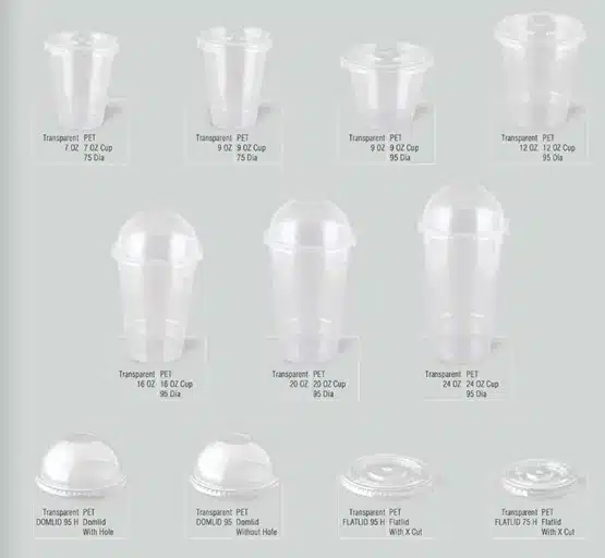Gama de vasos de PET transparentes de 7 a 24 oz con tapas c&uacute;pula, con y sin agujero, y tapas planas