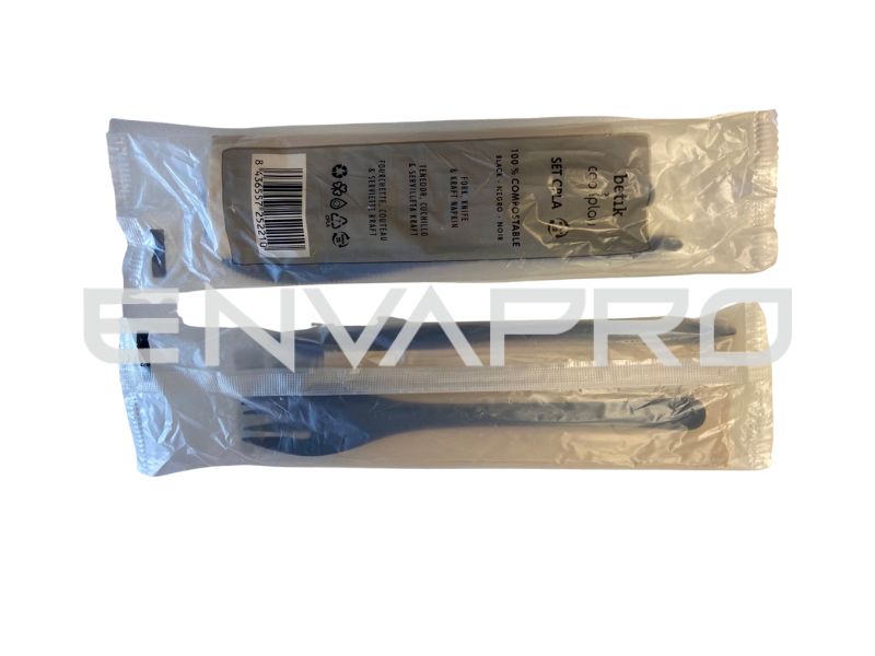 PACK ENFUNDADO COOKPLAY 3/1 CUCHILLO,TENEDOR, NEGRO MAS SERV. COMPOSTABLE/REUTILIZABLE
