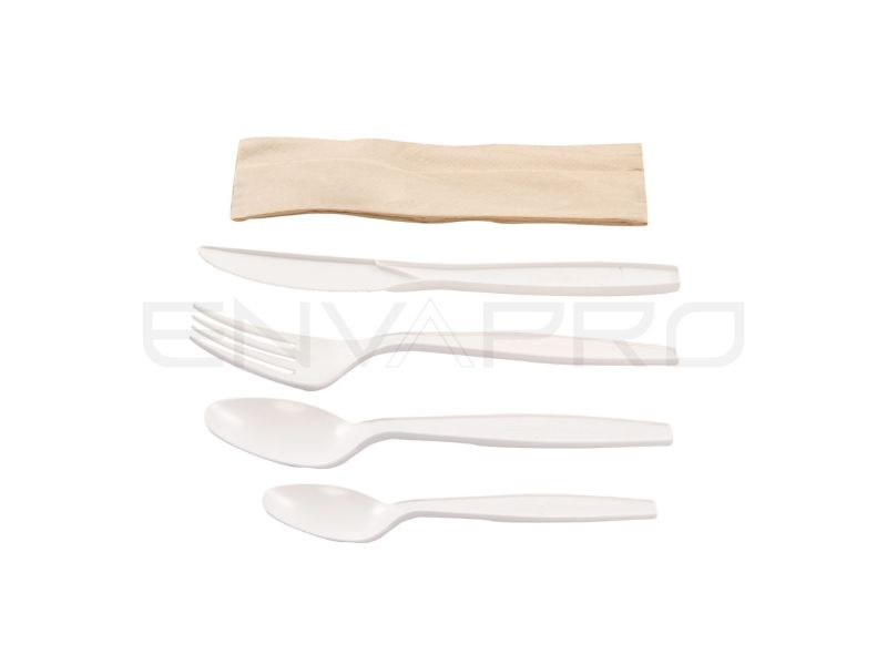 PACK ENFUNDADO 5/1 CUCHILLO, TENEDOR, CUCHARA Y CUCHARILLA MAIZ BIO CON SERVILLETA