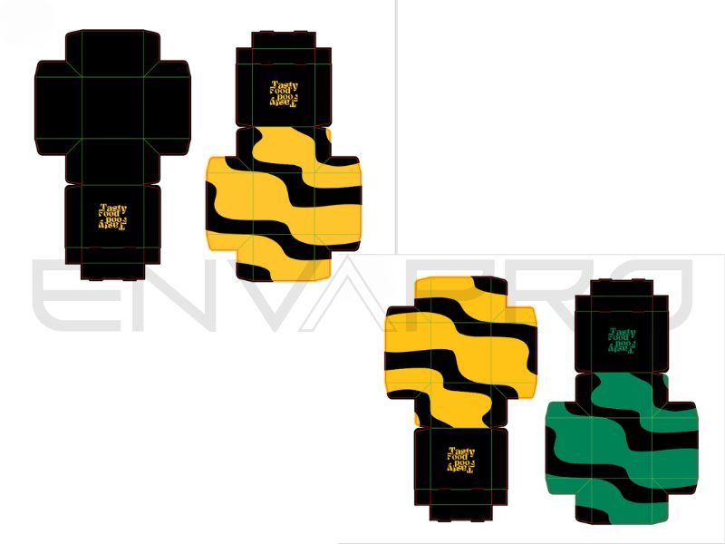 BURGUER BOX CARTÓN 120x120x90 mm 255GR INTERIOR DECORADO TASTY FOOD 2 DISEÑOS (250 unidades/diseño)