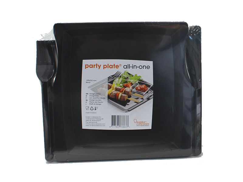 PLATO PARTYPLATE NEGRO CON TENEDOR Y CUCHILLO