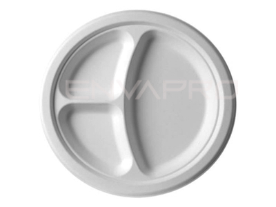 PLATO REDONDO BAGAZO CAÑA DE AZUCAR BLANCO COMPOSTABLE 253 mmØ 3 HUECOS