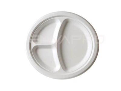 PLATO REDONDO BAGAZO CAÑA DE AZUCAR BLANCO COMPOSTABLE 230 mmØ 3 HUECOS