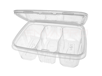 ENVASE RECTANGULAR RPET 3 HUECOS TAPA BISAGRA 600 ml.