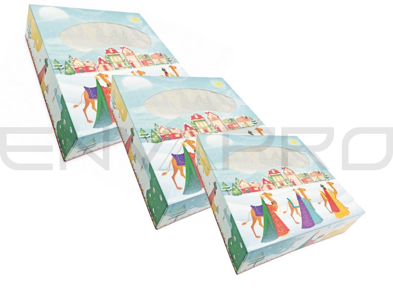 CAJA DE ROSCÓN CON VENTANA DECORADA REYES 330 x 330 x 80 mm